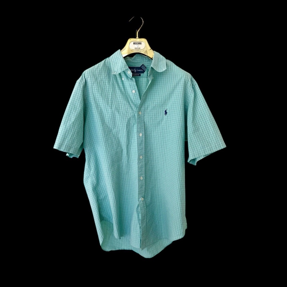 Vintage 90's Ralph Lauren Button Down Short‎ Sleeve Shirt Plaid Green Large